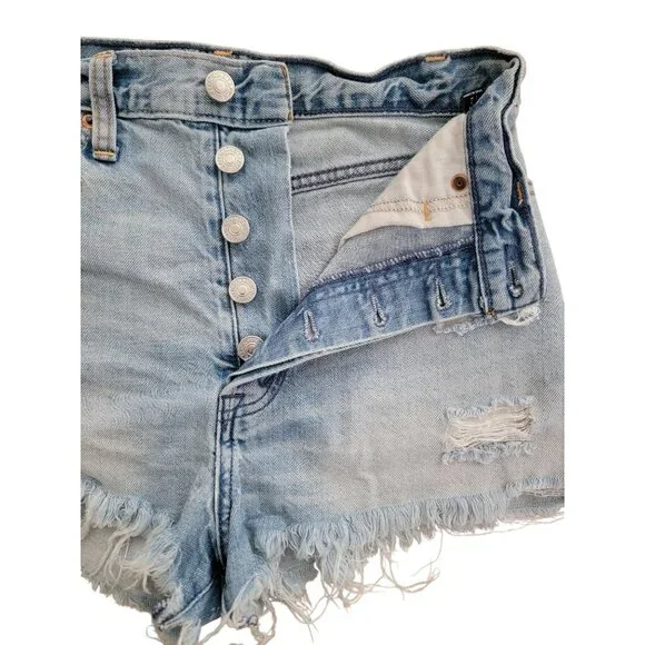 Abercrombie & Fitch Womens Distressed Denim High Waisted Button Fly Shorts Sz 24 - Picture 3 of 8